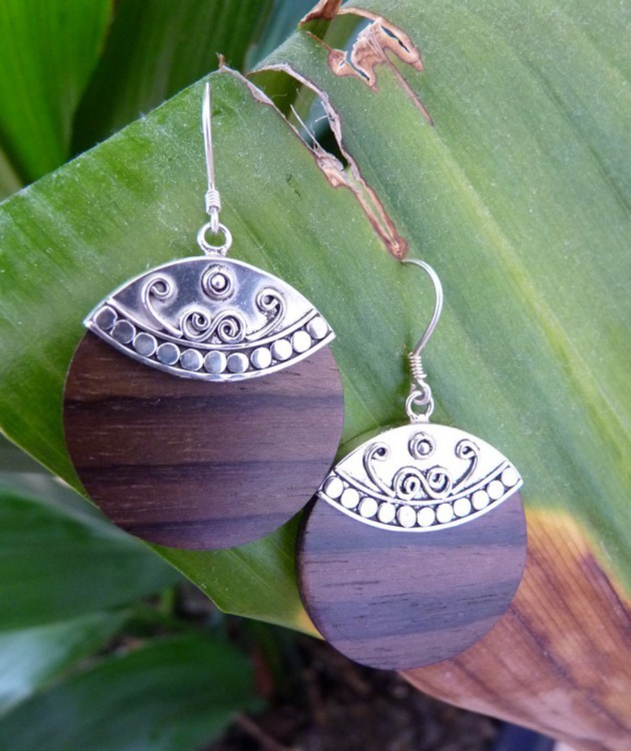 Polished wooden earrings with silver hook image 1